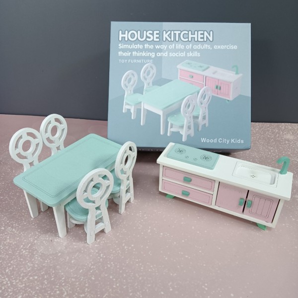 Wood City Kids Toy furniture Dollhouse Kitchen Furniture Set Mini Wooden Dollhouse Accessories 